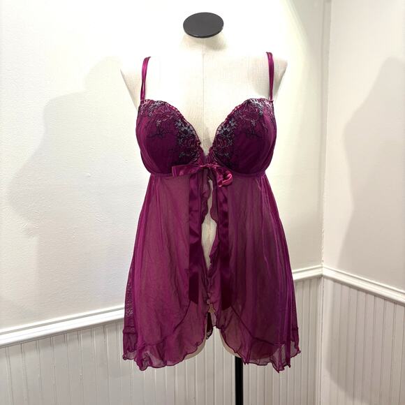 Cacique Size 18/20 Babydoll Nightie Chemise Ruffle Lace Mesh Pink Purple - Picture 1 of 16
